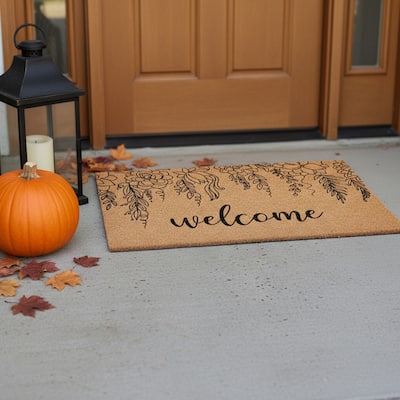 HomeRoots 17" X 29" Brown And Natural Floral Welcome Outdoor Coir Door Mat - 17.00' X '29.00