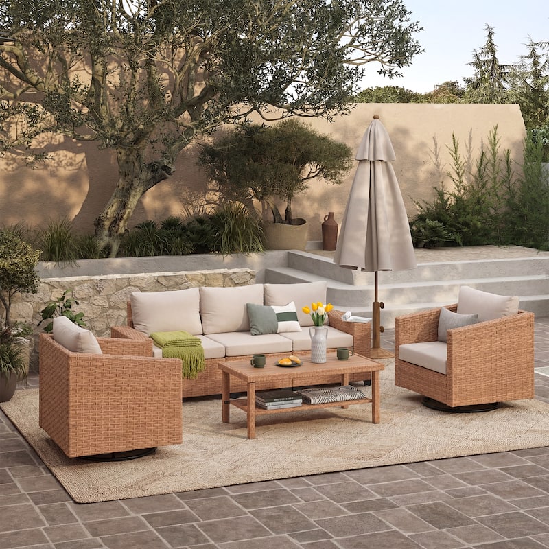 4-Piece Outdoor Conversation Set with Swivel Chair and 3-Seater Sofa with Soft Cushion and Coffee Tables PE Wicker Rattan