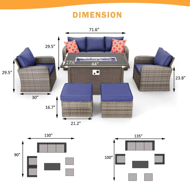 6-Piece Rattan Patio Set with Fire Pit Table, Outdoor Conversation Set with Cushions, Weather-Resistant Sofa Sectional
