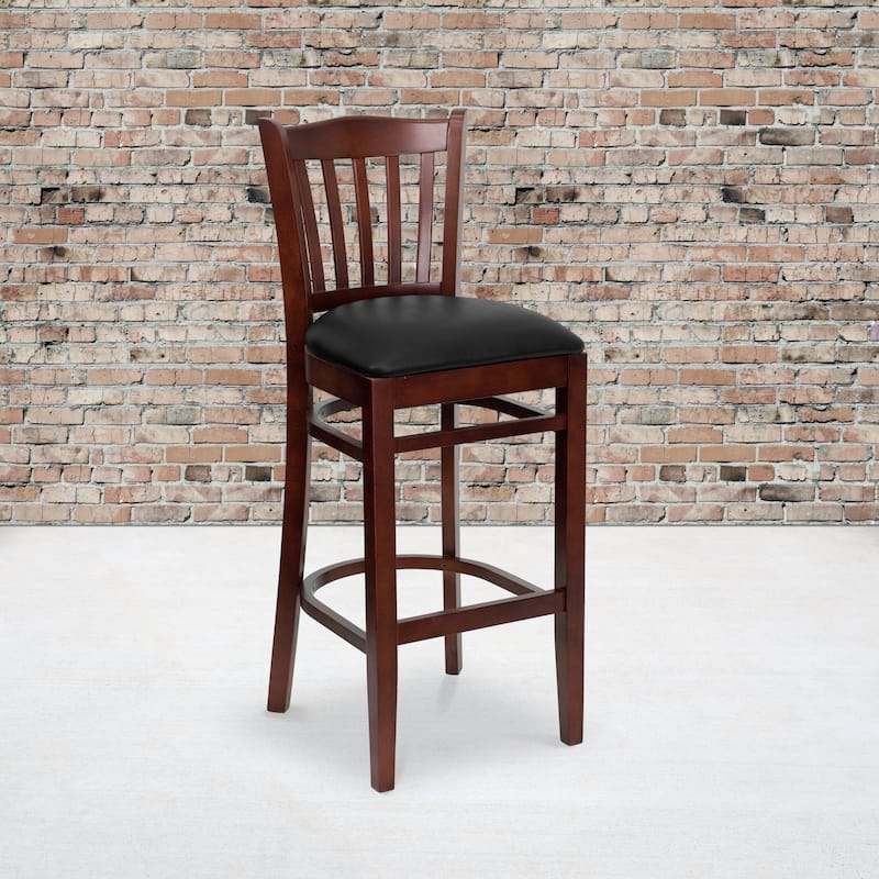2Pk Vertical Slat Back Wood Restaurant Barstool - Hospitality Seating - Black Vinyl Seat/ Mahogany Wood Frame