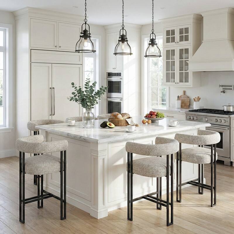 24" Seat Height Upholstered Tweed Solid Back Counter Stool(Set of 6) - Oatmeal