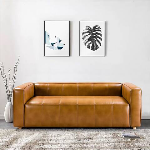 Xabier Mid-Century Modern Leather 80" Curved Sofa with Wooden Legs by HULALA HOME