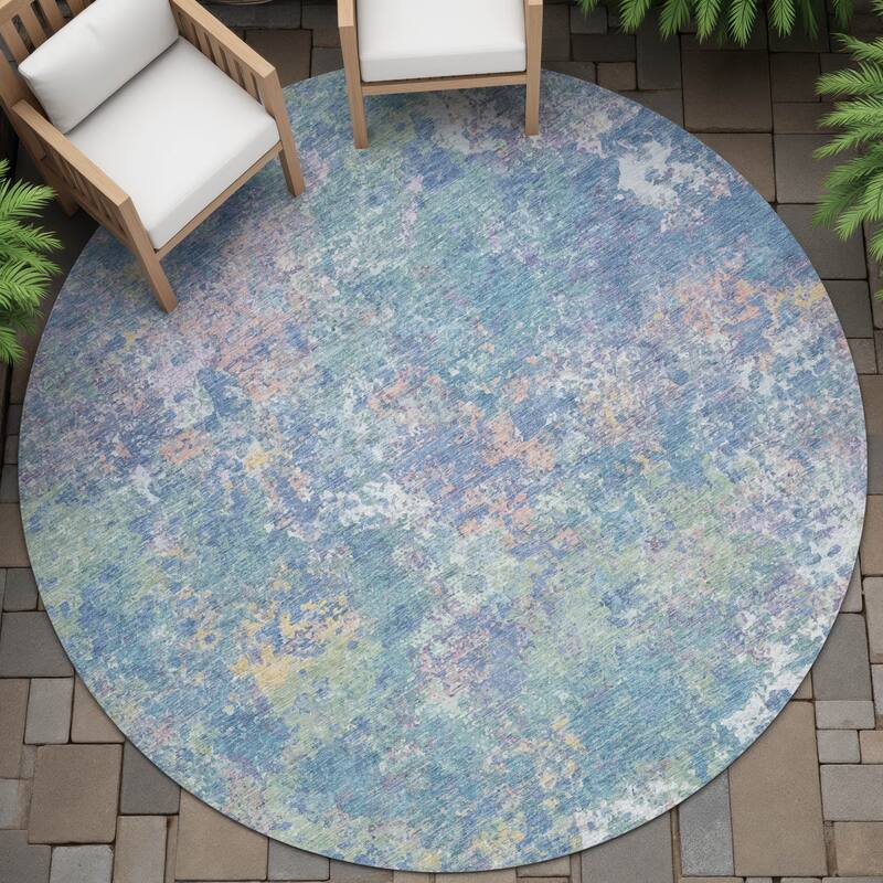 Machine Washable Indoor/Outdoor Abstract Watercolor Chantille Rug - Aqua - 8' x 8'