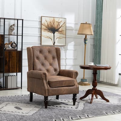 Mid-Century Modern Leather Upholstered Tufted Wood Frame Armchair