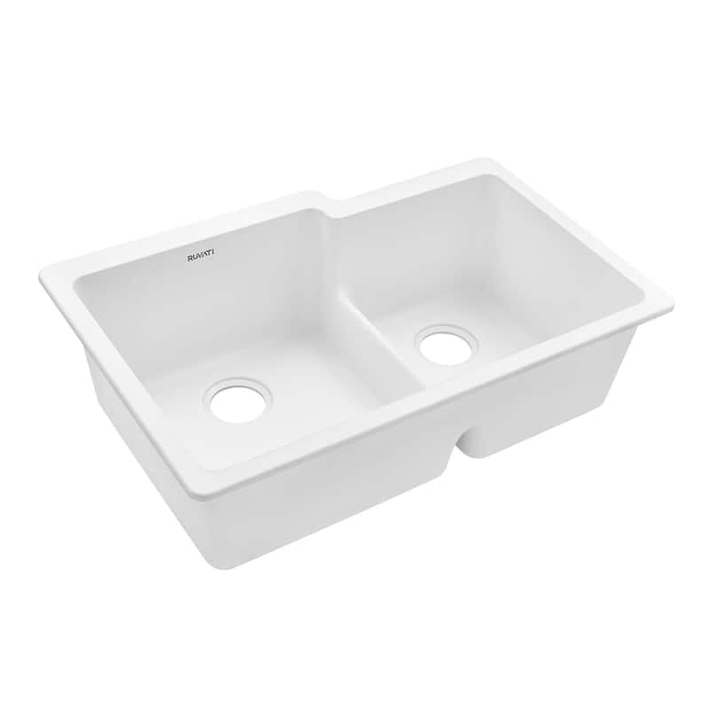 Ruvati 33 x 20 inch Granite Composite Quartz Undermount Double Bowl Kitchen Sink - Arctic White - RVG2347WH