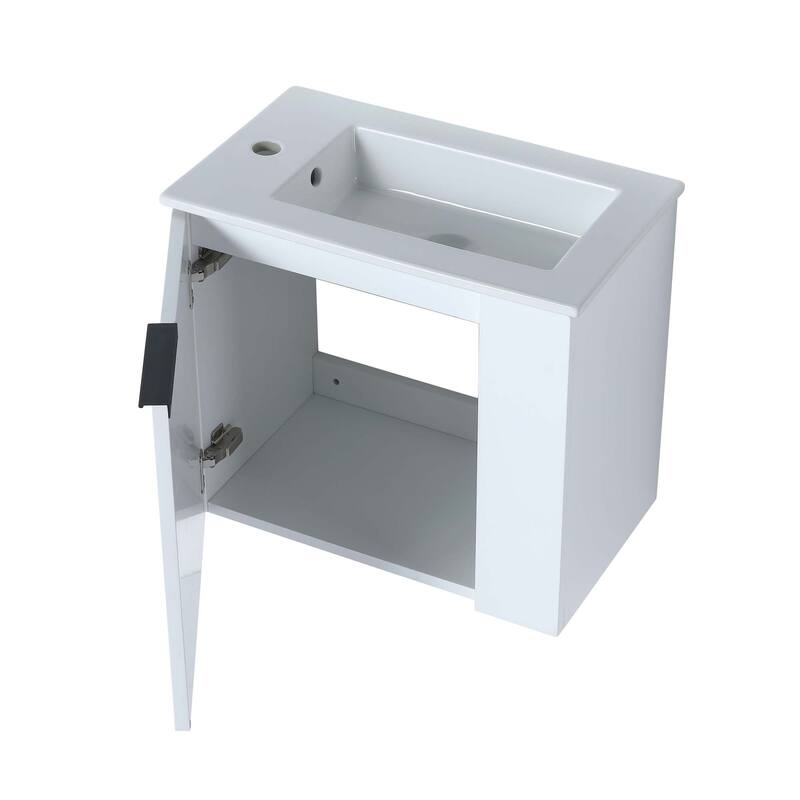 22 inch Plywood Wall-Mounted Bathroom Vanity in Grey Oak with Integrated Ceramic Sink in White with Soft Closing Door