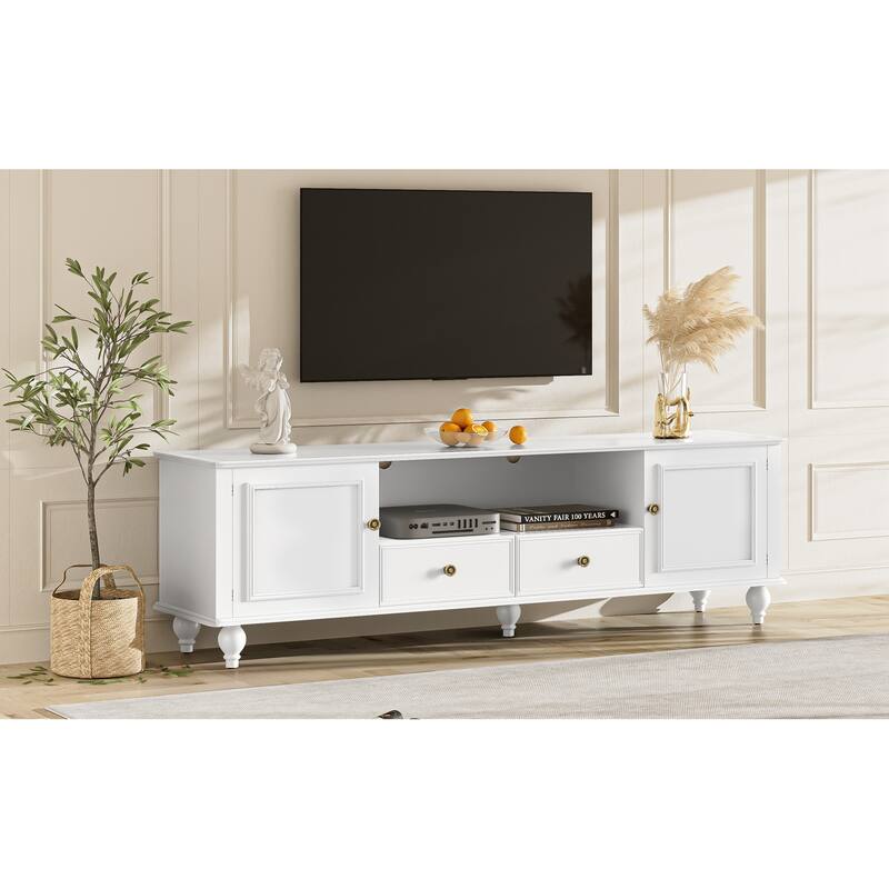 Modern TV Stand for TVs up to 80 Inches, Entertainment Center with Open Compartment, 2 Drawers, 2 Cabinets and 5 Solid Legs