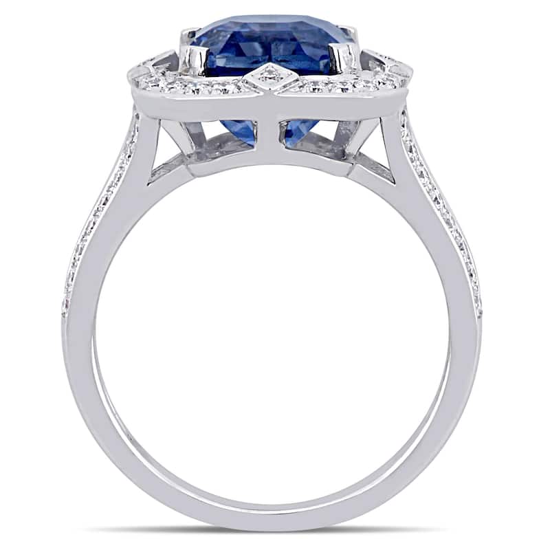 Miadora 6 1/2ct TGW Sapphire and 1/2ct TDW Diamond Halo Cocktail Ring in 14k White Gold