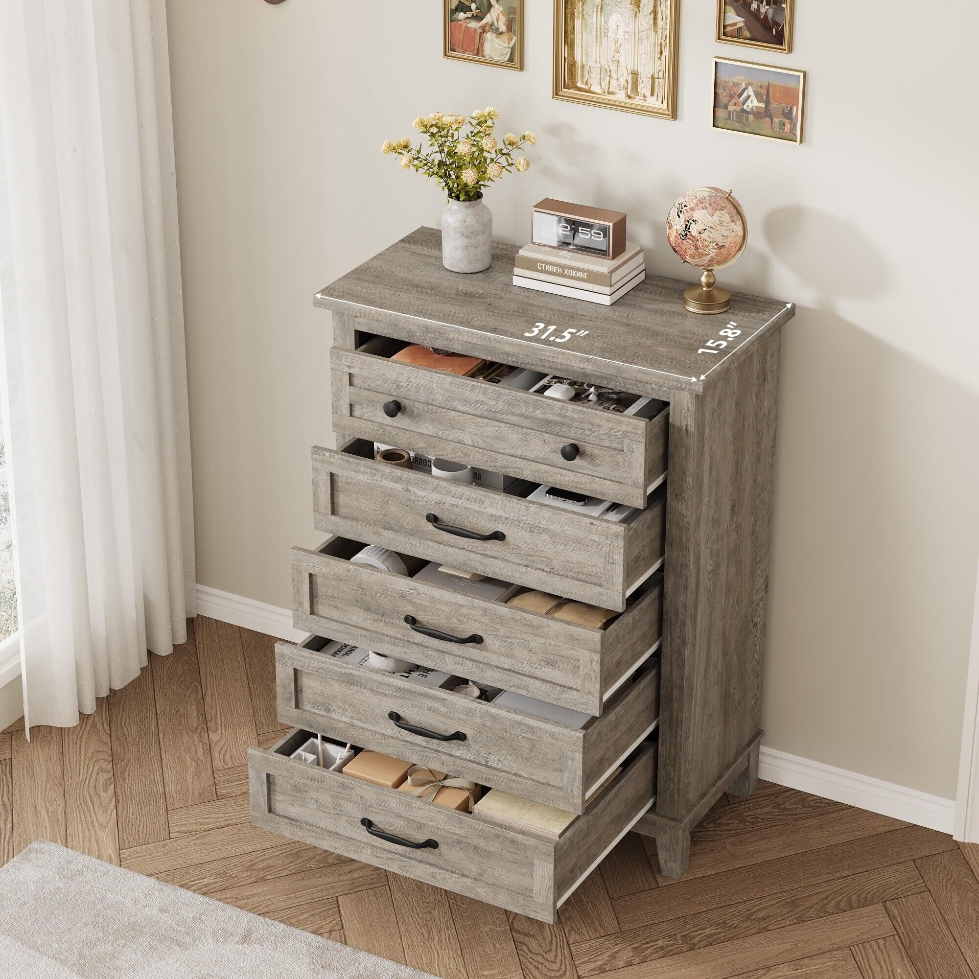 slim fit dress slacks Basilea 5 Drawers Tall Dresser, Pull Out System Grey Bedroom Modern Md main image 1