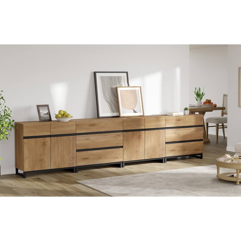 Modern Wooden Dresser for Bedroom and Storage, 6 Drawers with Adjustable Shelves, Metal Base Chest of Drawers