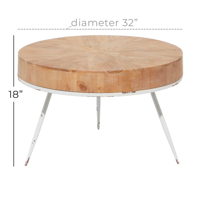 Wood Coffee Table with White Metal Tripod Legs - Brown - Roche River Decor - 32"W x 32"L x 18"H