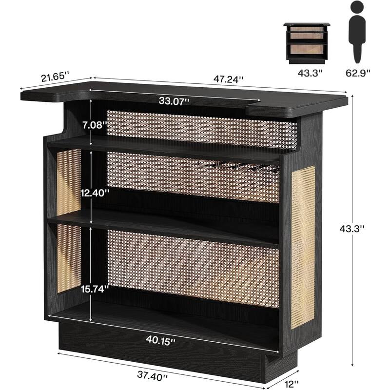 Home Bar Unit, 4-Tier Liquor Bar Table, Mini Bar with Wine Racks and Glass Holder, Farmhouse Bar Table