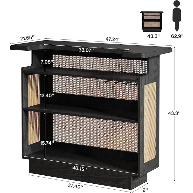 Rattan Home Bar Unit, 4-Tier Bar Table with 4 Stemware Racks and Heightened Base, Liquor Wine Bar Cabinet