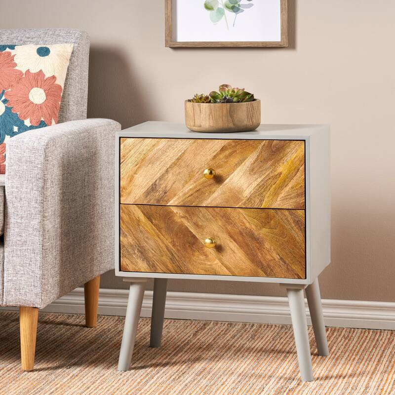Handcrafted Mango Wood Cabinet with 2 Drawers, Boho and Mid-Century Style, Durable MDF Frame, 24" Tall