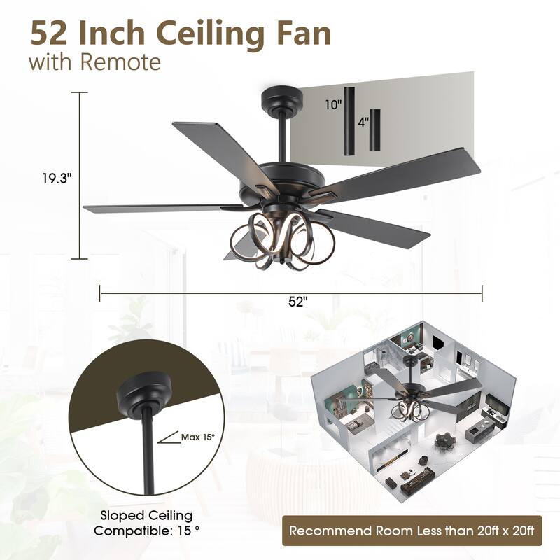 52" Modern Unique Dimmable LED Reversible Motor Ceiling Fan with Light and Remote - 52-inch W*19.3-inch H