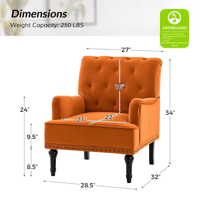Geltrude Transitional Upholstered Button Tufted Club Chair with turned wooden Legs by HULALA HOME