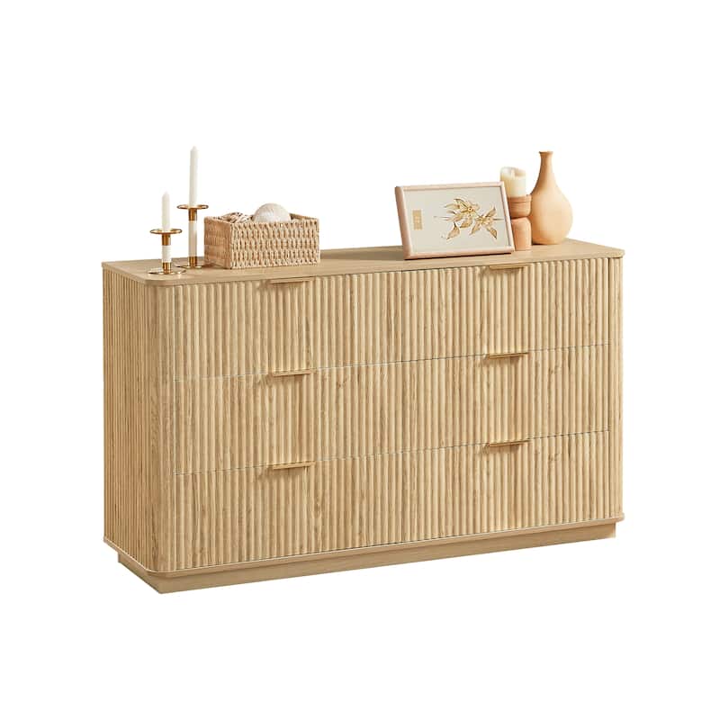 Anmytek Natural Wooden 6-Drawer Double Dresser with Wavy Drawers