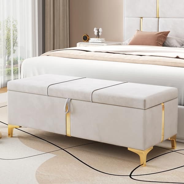slide 2 of 8, Roomfitters Elegant Upholstered Storage Ottoman, Storage Bench with Metal Legs for Bedroom, Living Room, Beige Beige