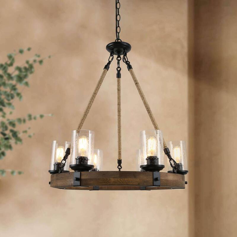 Carbon Loft Farmhouse 6-Light Wood Wheel Chandelier with Glass Shade for Dining Room - Jute Rope-D25"xH28"