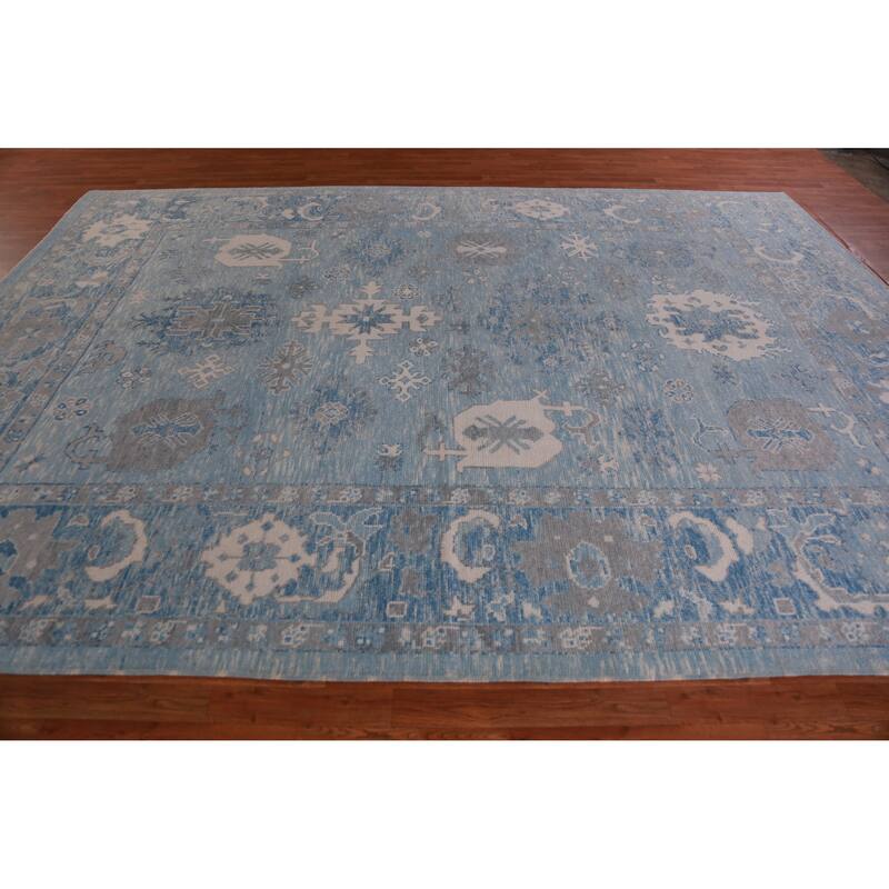 Hand Knotted Oriental 100% Wool Carpet Transitional All-Over Navy Blue & Blues Oushak Area Rug - 12' 9'' X 9' 1''