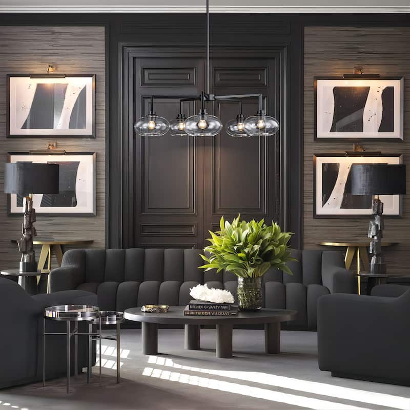 5-Light Modern Black Globe Chandelier Linear Sputnik Clear Glass Bubble Chandelier for Dining Room - 34.65 in. W x 10.24 in. H