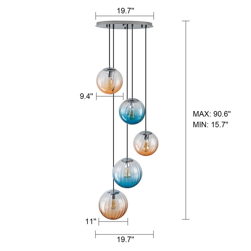 Modern 5-Light Cluster Glass Globe Pendant Light with Gradient Shades - Silver