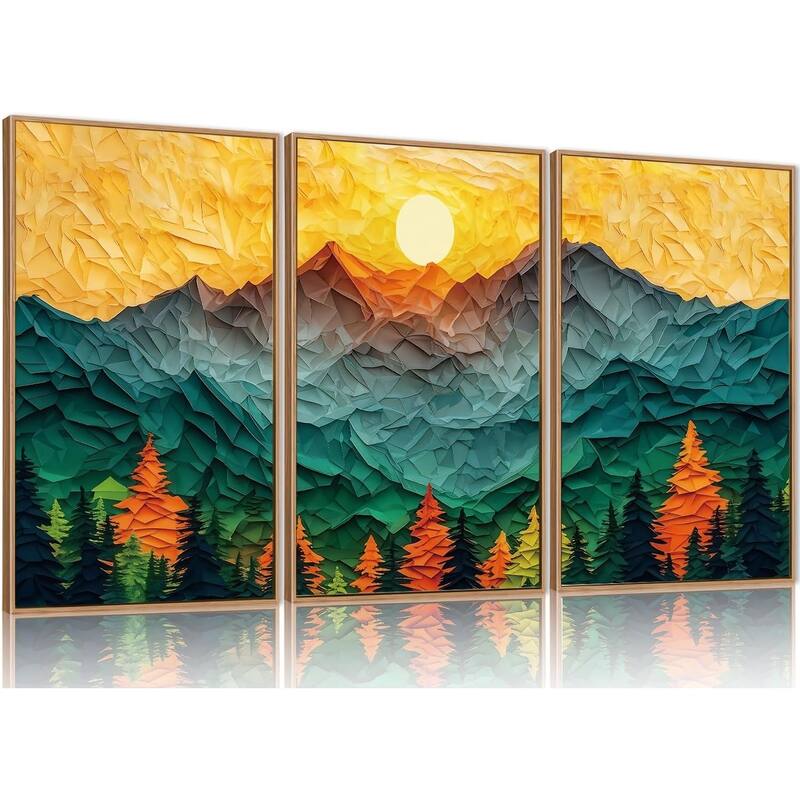 Forest Pine Tree Golden Sunset Wall Decor, Mixed Patchwork Landscape - 16 x 24