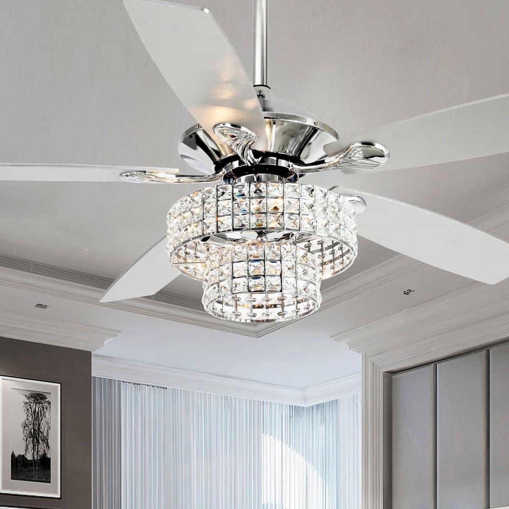 52-inch Chrome Wooden 5-blade Modern Crystal Ceiling Fan with Remote