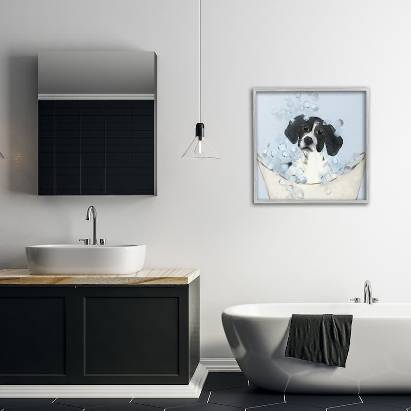 Stupell Black & White Puppy in Tub Framed Giclee Art Design By Sally Swatland