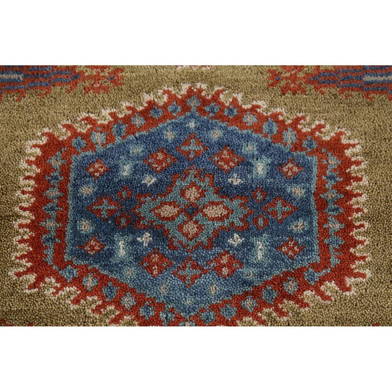 Green Geometric Viss Indian Runner Rug Hand-Knotted Wool Carpet - 2'6"x 9'7"
