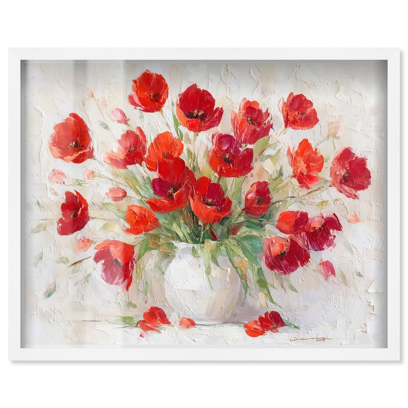 Red Blooms in a Vase Shadowbox by Art Remedy - White - 36" x 30"