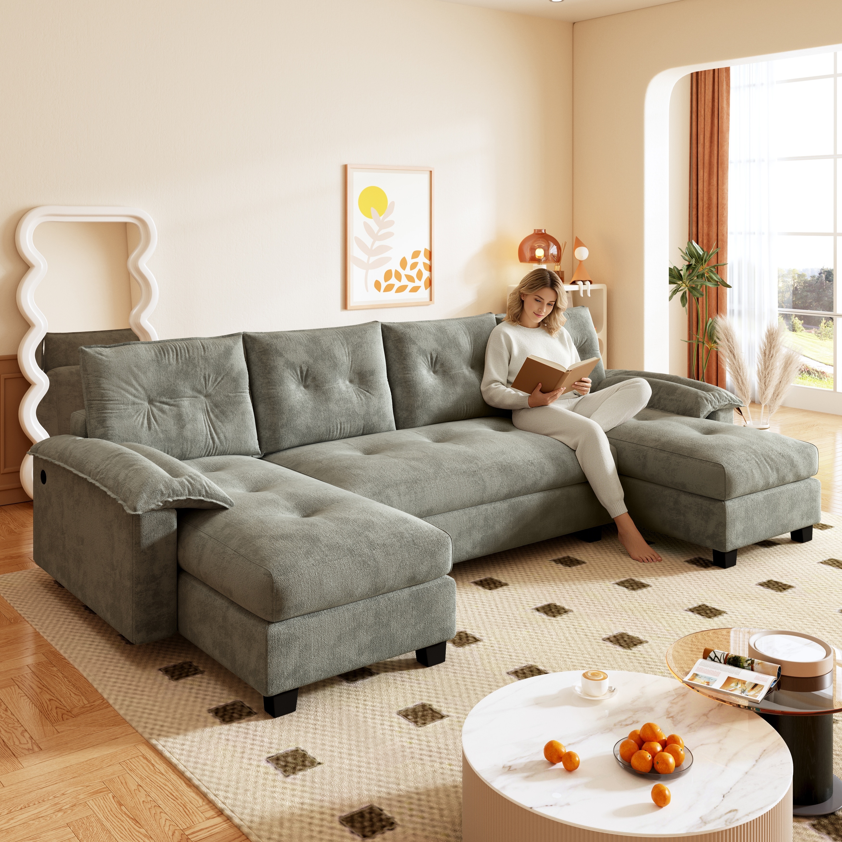 U-Shaped Convertible Sofa with Pull Out Bed & USB Ports