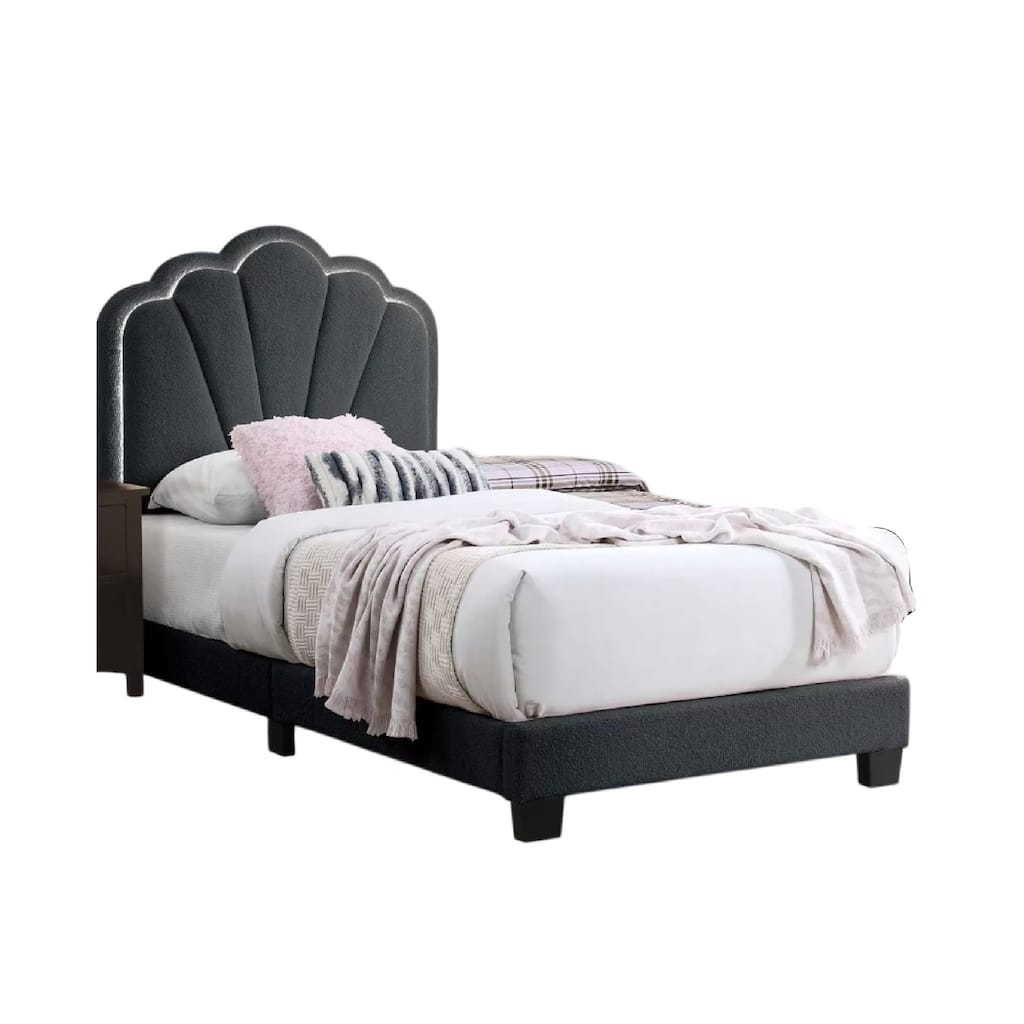 Roxy Twin Bed, Charcoal Gray Wool, LED Lighting, Padded Headboard