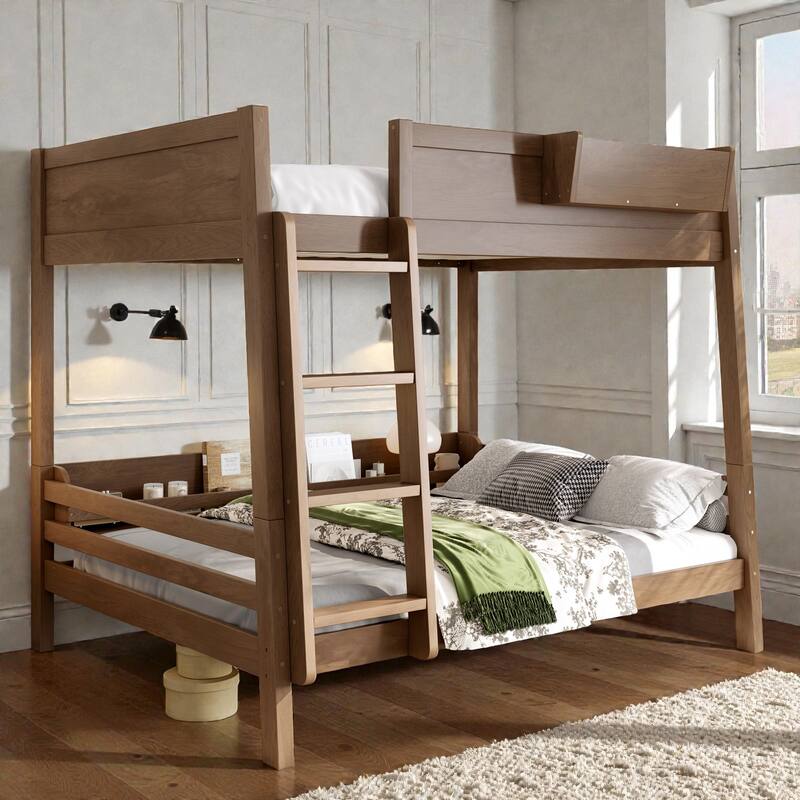 Wooden Bunk Bed Frame with Built-In Storage Shelves, Convertible to Two Beds, No Box Spring Needed