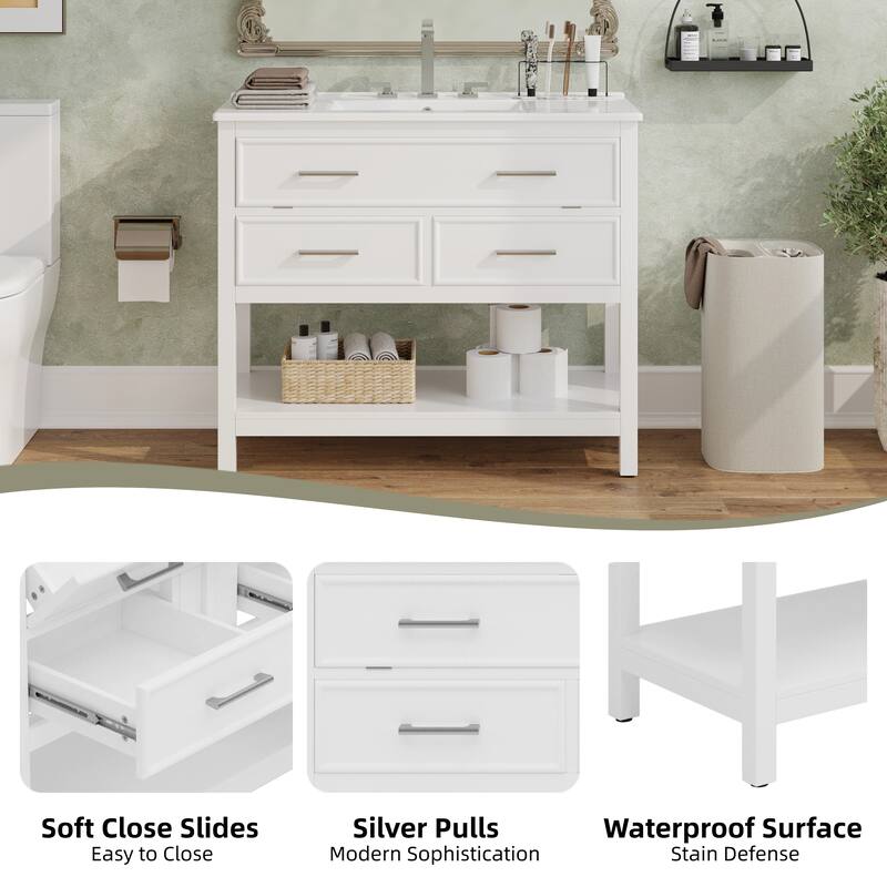 36" Bathroom Vanity with Ceramic Sink, Tip-Out Tray, Full-Extension Drawers, Soft-Close Slides, and Open Shelf