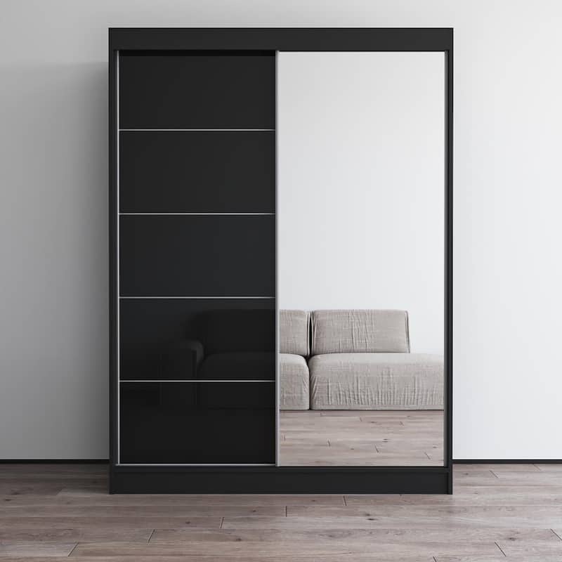 Aria High Gloss 2-door Modern Wardrobe with Mirror - Black-59"