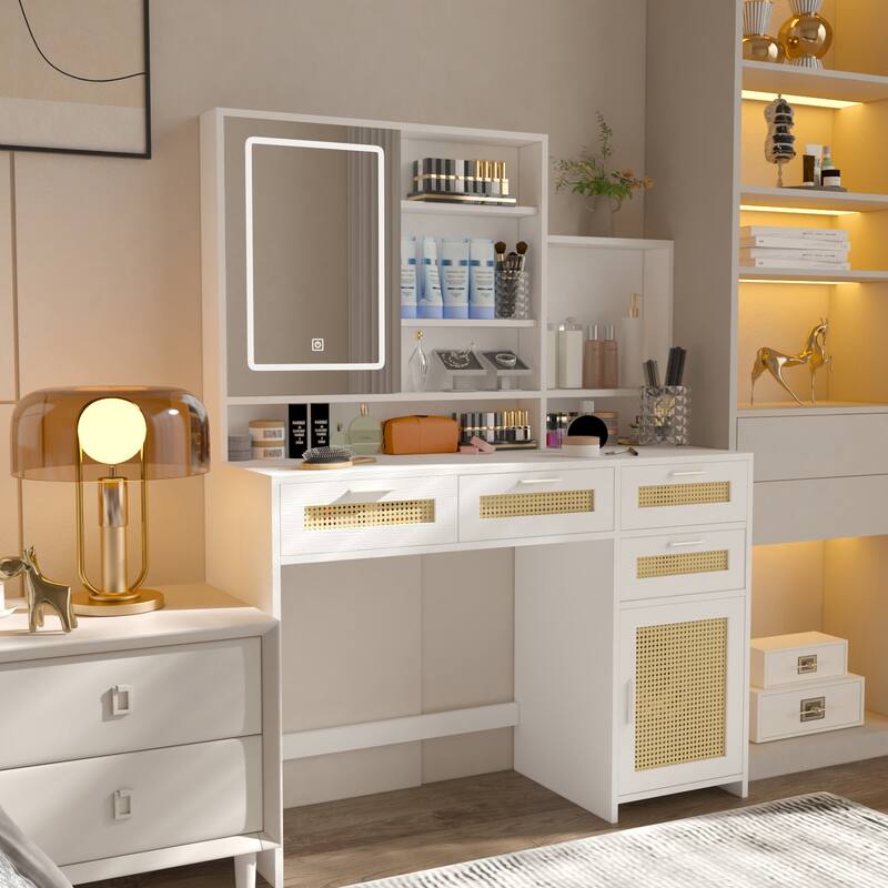 Rattan Dressing Table with Lighted Mirror, 4 Drawers, 1 Cabinet