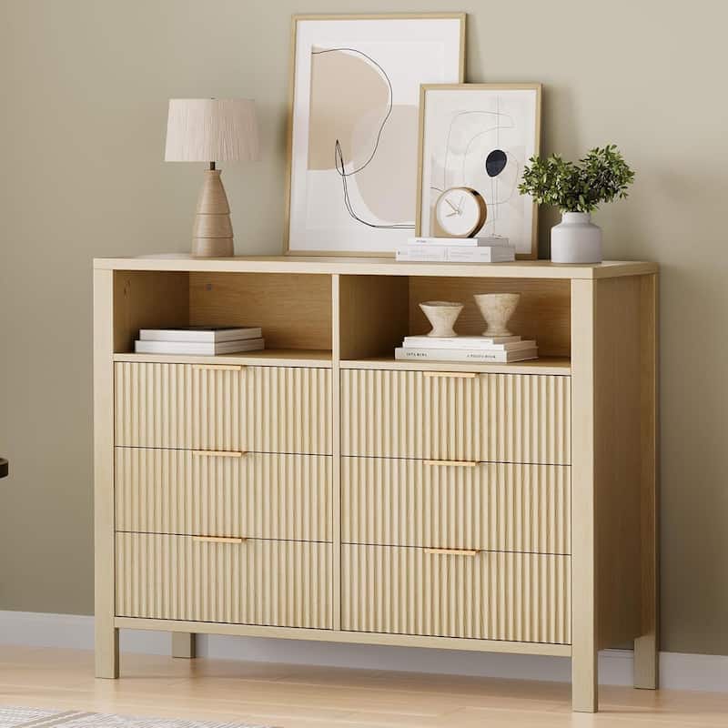 Wooden 6 Drawers Dressers, Storage Cabinet for Bedroom, Living Room - Almond