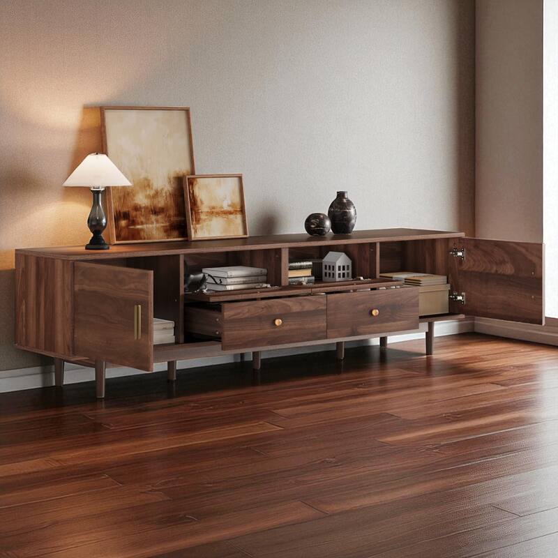 76 Inch Modern TV Stand with Storage, Rattan Doors, Drawers, Solid Wood Legs, Entertainment Center for TVs Up to 85"