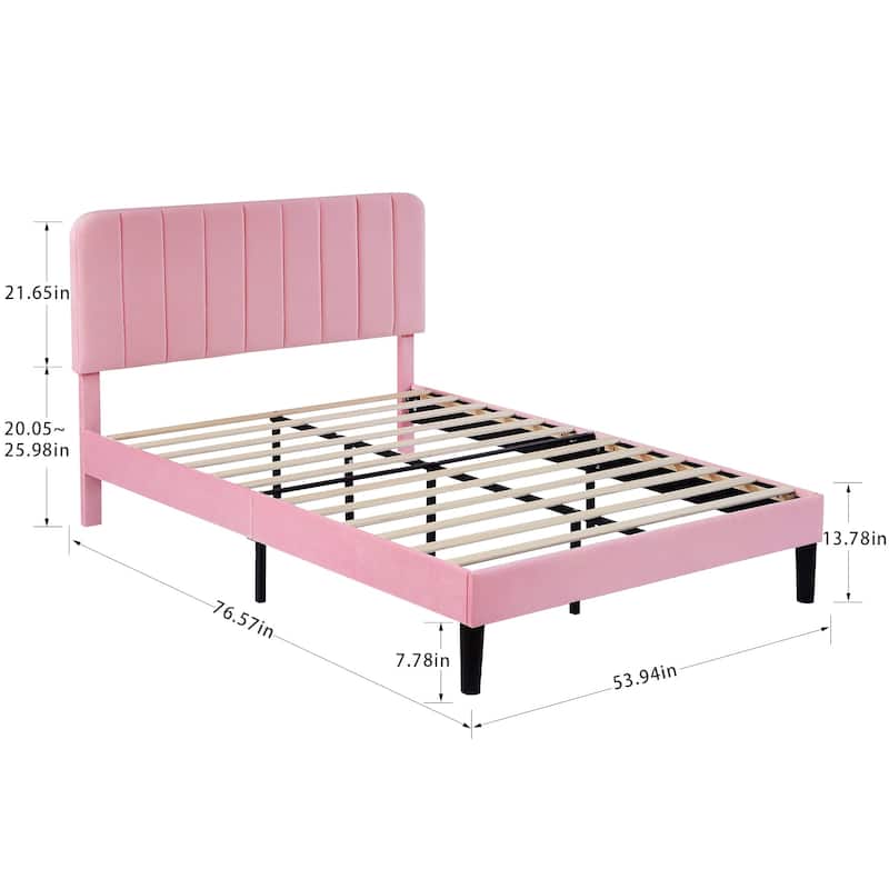 VECELO Velvet Upholstered Bed Frame with Vertical Channel Tufted Headboard, Adjustable Headboard, Wooden Slats Support
