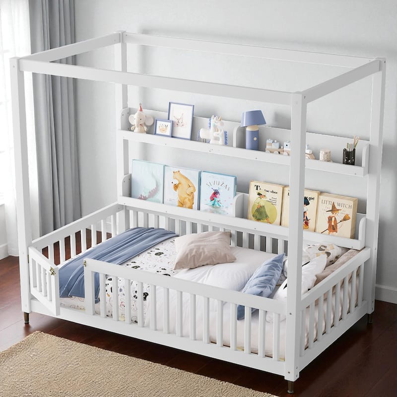 Twin/Full Size Montessori Floor Bed with Canopy and Guardrails, Solid Wood Kids Bed Frame with Shelves, No Box Spring Needed