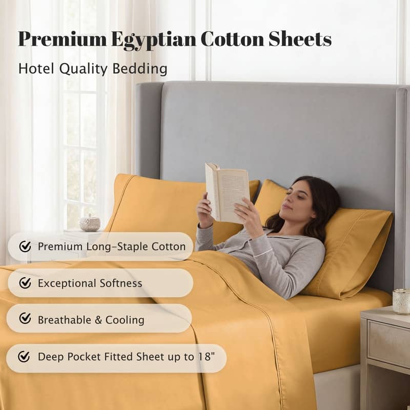 Superior Egyptian Cotton 530 TC Sheet Set Sateen Weave, Deep Pocket, Ultra‑Soft & Breathable Bedding