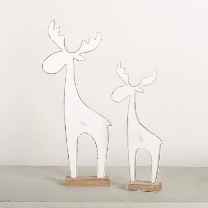 Set Of 2 White Metal Reindeer On Wooden Base Decoration
