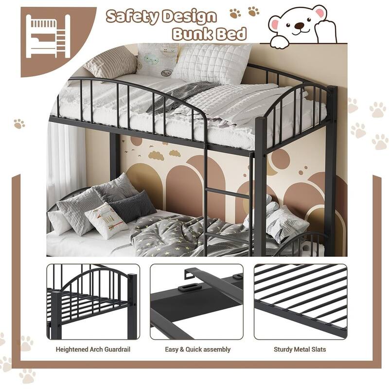 Bunk Bed Twin Over Twin with Stairs and Arched Guardrail for Bedroom and Small Space