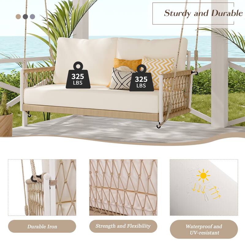 1-Piece Woven Rope Outdoor Swing Sofa with Cushions – Comfortable 2-Person Patio Seating for Garden, Courtyard, and Balcony