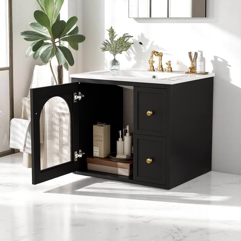 24" Wall-Mounted Bathroom Vanity with Ceramic Sink, 2 Drawers & Glass Door Cabinet, Modern Floating Design for Small Spaces