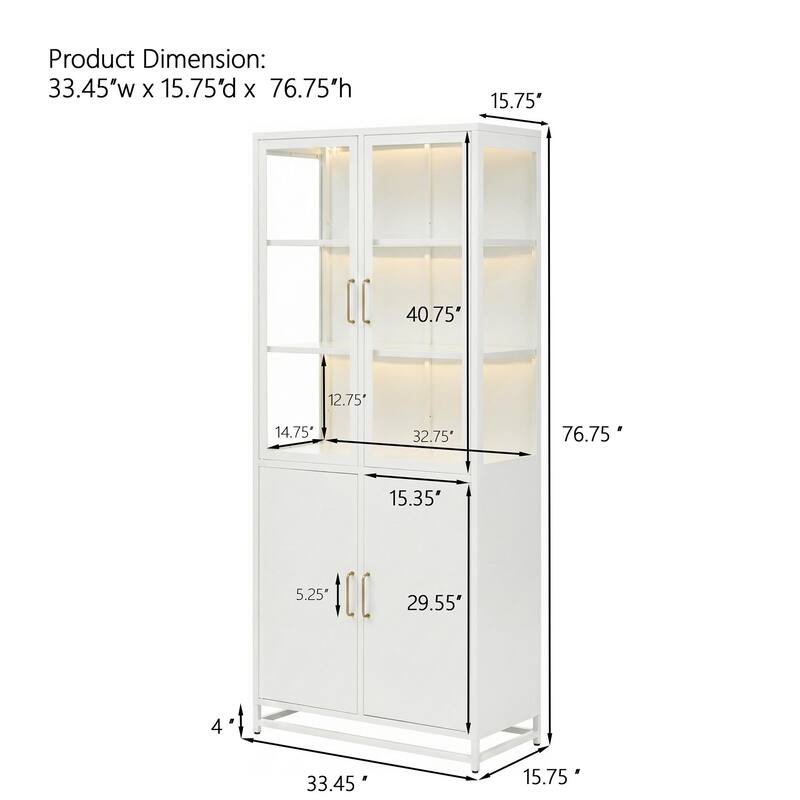 76.75"Tall Display Cabinet,with Glass Doors and LED Lights,Steel Curio Cabinet with 3-Sided Glass,Pantry Cabinet with Storage