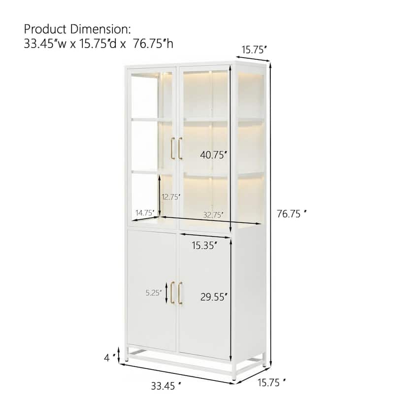 76.75 Inch Glass Display Cabinet with LED Lights, 3 Sided Tempered Glass Steel Curio Cabinet with Double Doors