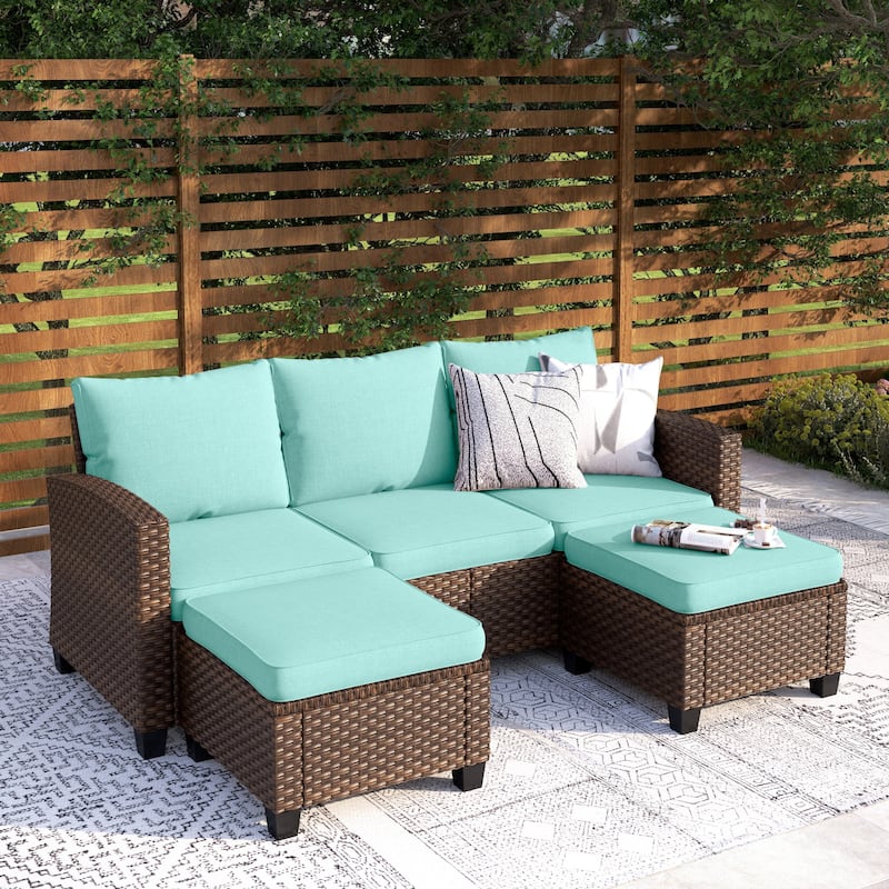 5/9-Seat Patio Furniture Wicker Rattan Outdoor Deep Seating Sectional Sofa Large Conversation Set - 5-Seat - Lake Blue