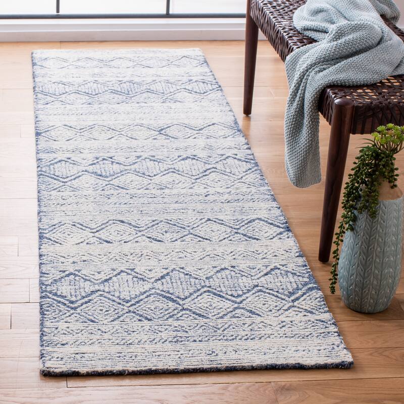 SAFAVIEH Handmade Abstract Mariaana Modern Wool Rug - 2'3" x 8' Runner - Blue/Ivory